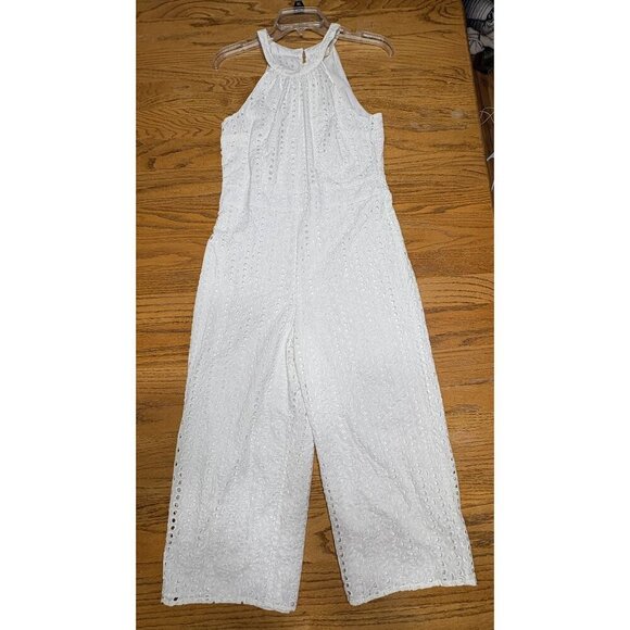 Maison Jules 6 White Eyelet Sleeveless Jumpsuit Halter Neck Cropped Wide Leg - Picture 3 of 11
